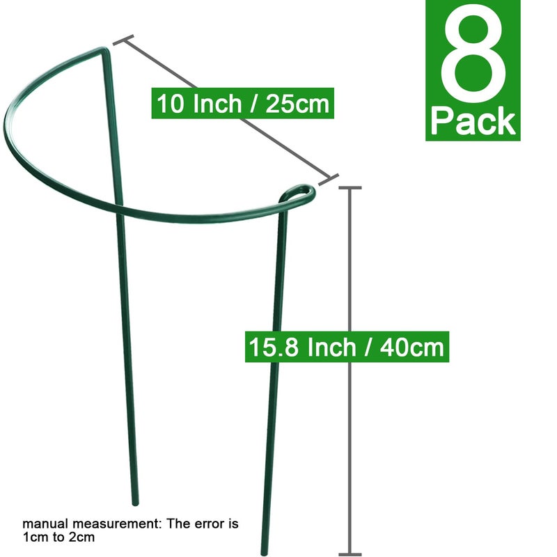 HiGift 8 Pack Plant Support Stakes, Half Round Metal Garden Plant Stake Indoor Peony Cages and Supports, Green Plant Support Ring Border for Tomato,Hydrangea,Flower Outdoor (10" Wide x 15.8" High) - Image 4